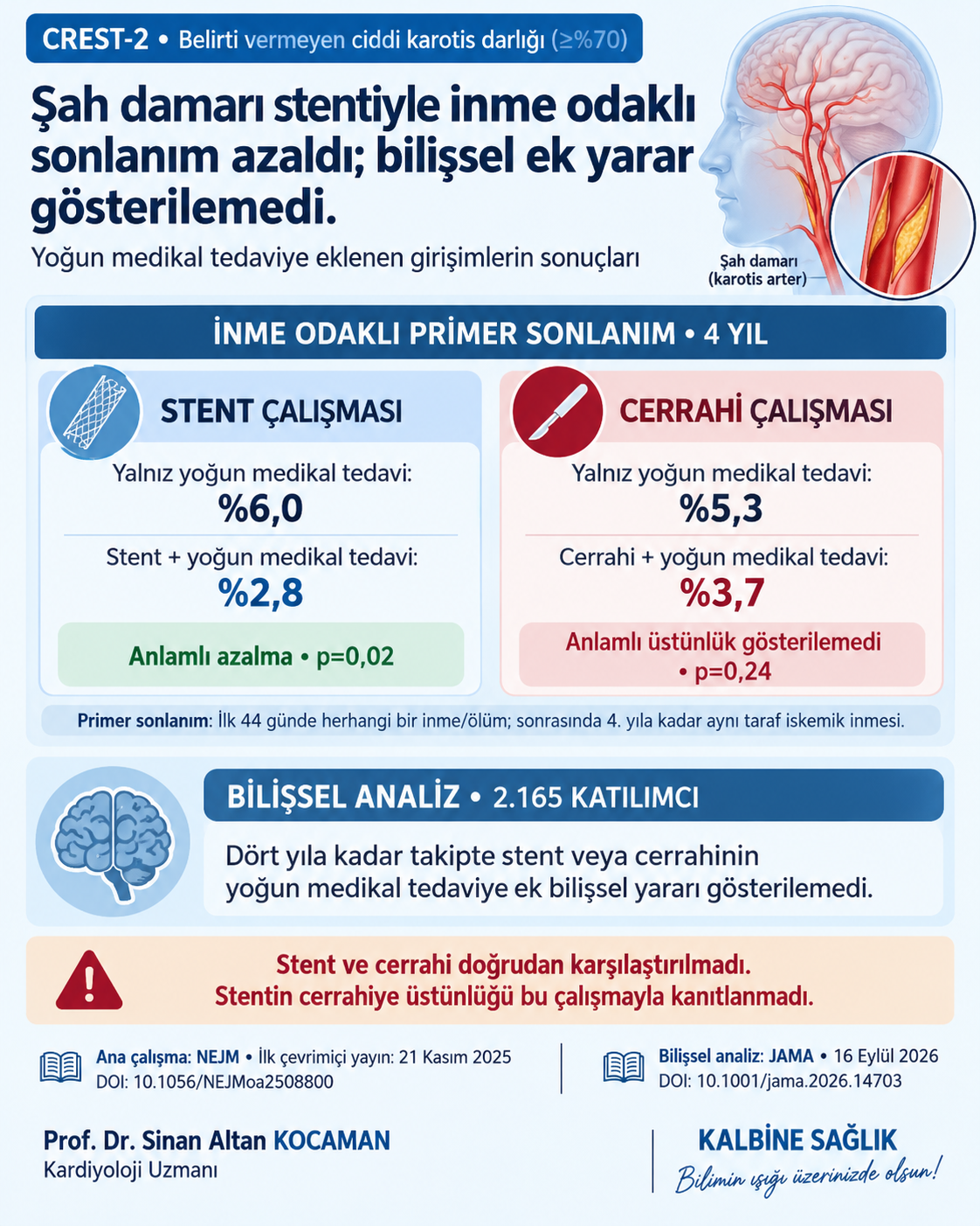 Şah damarı stentiyle inme odaklı sonlanım azaldı; bilişsel ek yarar gösterilemedi — için tıbbi bilgilendirme görseli