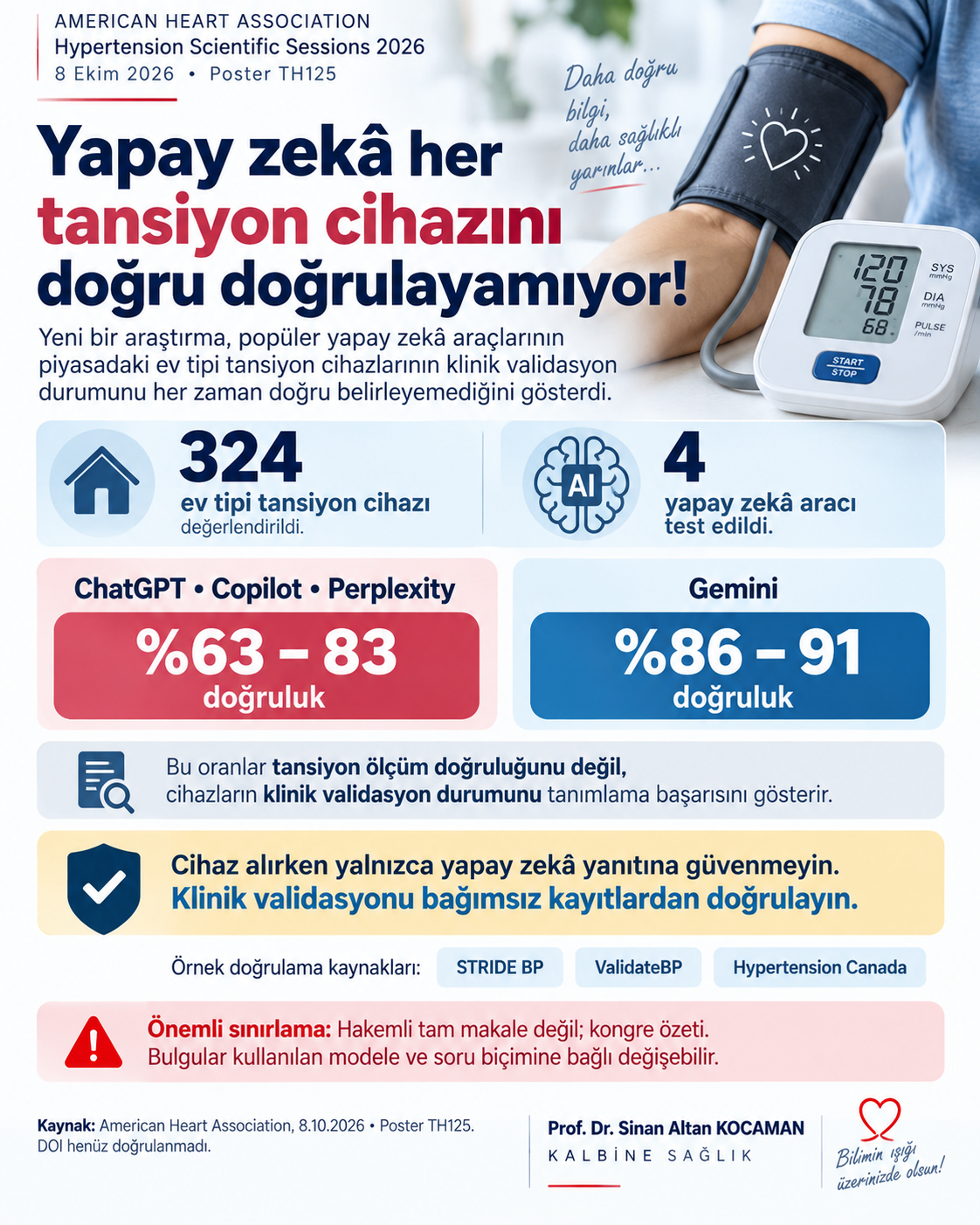 Yapay zekâ her tansiyon cihazını doğru doğrulayamıyor: Ev tipi cihaz seçerken neden klinik validasyon önemli? — için tıbbi bilgilendirme görseli